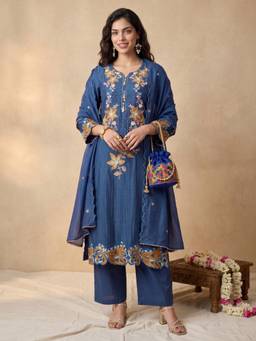 Gajra Gang - Womens Blue Mul Chanderi Embroidered Kurta with Pant & Dupatta