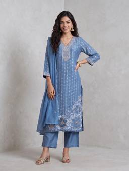 Gajra Gang - Womens Blue Jacquard Floral Embroidered Kurta with Pant & Dupatta