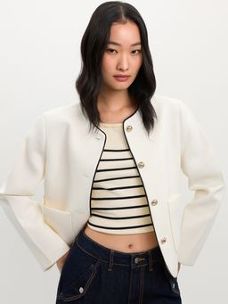 Pomelo - Contrast Trim Tweed Jacket - Off-White