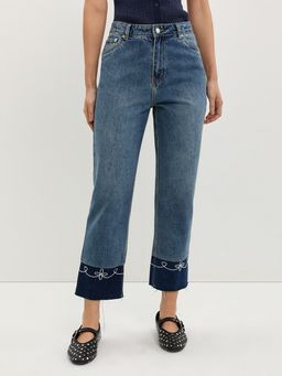 Pomelo - Embroidery Cuff Jeans - Blue
