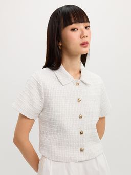 Pomelo - Tweed Shirt Top - White
