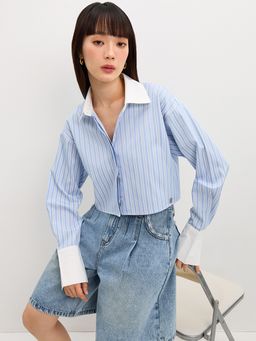 Pomelo - Cropped Striped Shirt - Baby Blue