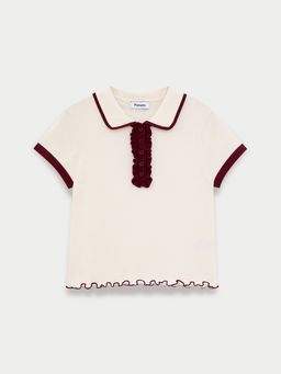 Pomelo - Contrast Trim Ruffle Top - Ivory