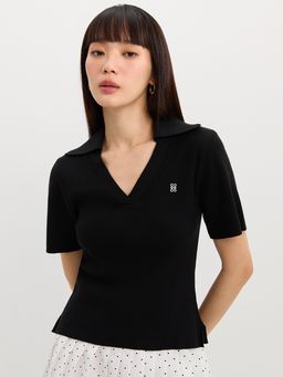 Pomelo - V-Neck Knit Top - Black