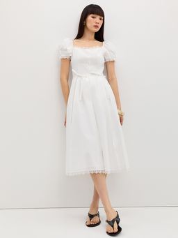 Pomelo - Puff Sleeve Lace Trim Dress - White