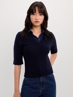 Pomelo - Layered V-Neck Knit Top - Navy
