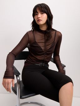 Pomelo - Gathered Mesh Blouse - Brown