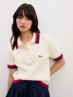 Pomelo - Cable Knit Polo Top - White