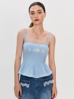 Pomelo - x Janesuda Embroidered Peplum Top - Baby Blue