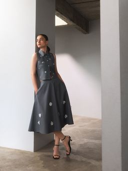 Pomelo - x Janesuda Floral Applique Skirt - Mid Grey
