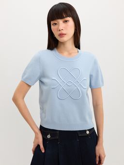 Pomelo - Embroidered Knit Top-Baby Blue