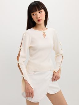 Pomelo - Bow Cut Out Knit Top-Off-White
