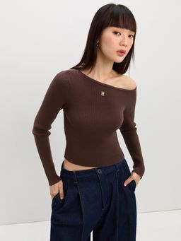 Pomelo - Asymmetric Knit Top-Brown