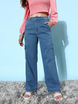 DOLCE CRUDO - Women Blue Wide Leg High Rise Denim Jeans