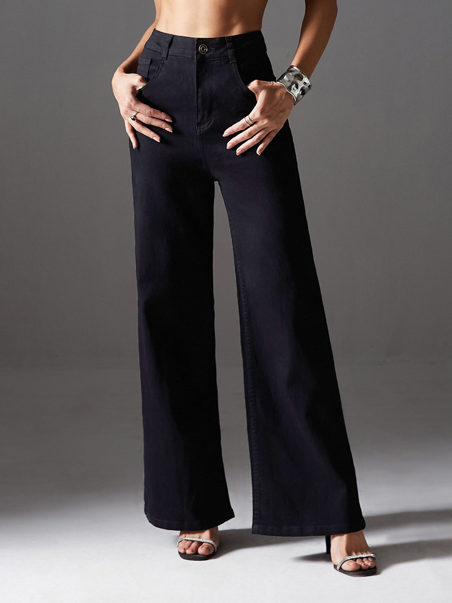 miss chase Women Black Wide Leg High Rise Regular-Length Denim Jeans-picture-17