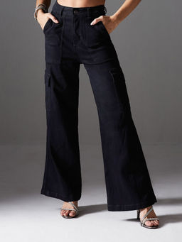 Miss Chase - Women Black Wide-Leg High-Rise Denim Cargo Jeans