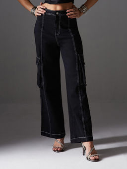 Miss Chase - Women Black Wide-Leg High-Rise Patch-Pocketed Denim Jeans