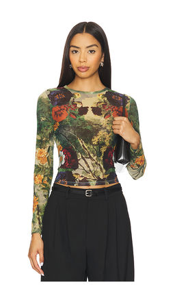 Alice + Olivia - Delaina Printed Mesh Long Sleeve Crop Top