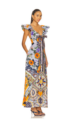 Camilla - Tie Front Frill Sleeve Long Dress