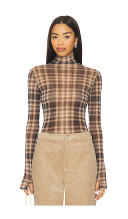 Enza Costa - Plaid Mesh Long Sleeve Turtleneck Top