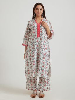Meeta's - Adya Hand Block Cotton Kurta- White Floral