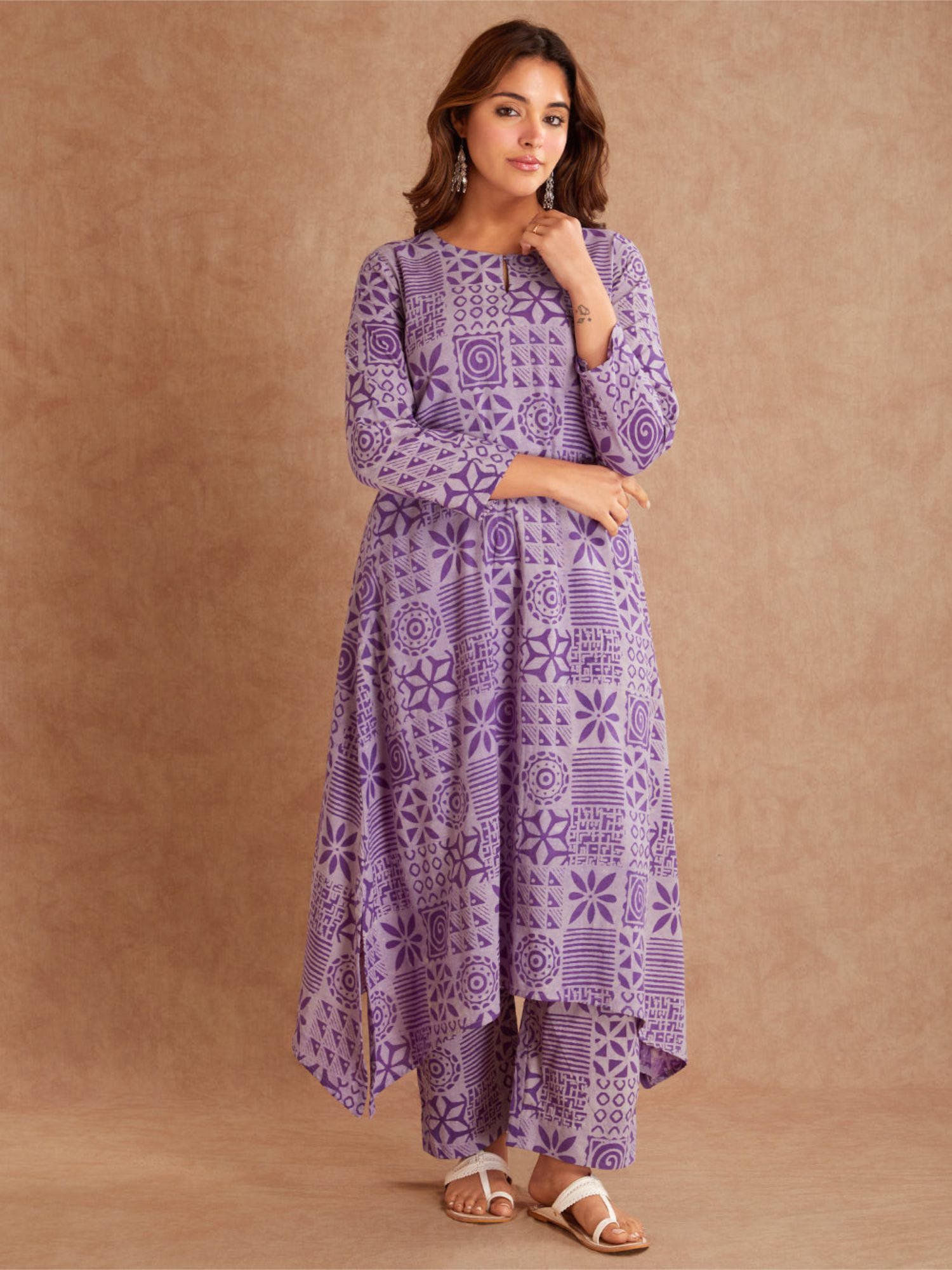 Lavanya Jaal Block Printed Cotton Kurta- Lavender Floral-image-0