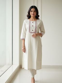 Meeta's - Handloom Cotton Kurta- Off White Embroidered