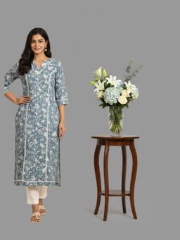 Meeta's - Printed Cotton Kurta- Powder Blue Floral