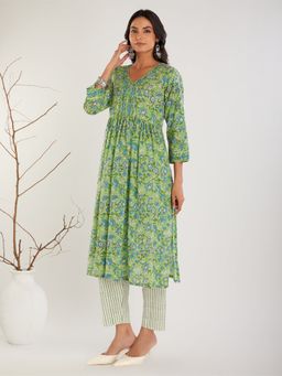 Meeta's - Green Hand Block Printed Cotton Kurta