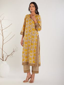 Meeta's - Yellow Beige Ajrakh Hand Block Printed Cotton Kurta