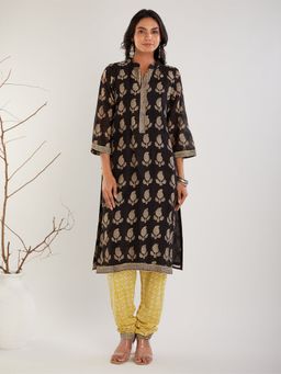 Meeta's - Black Chanderi Silk Hand Block Print Cotton Kurta