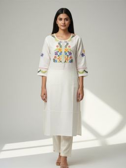 Meeta's - Dola Silk Kurta- White Embroidered