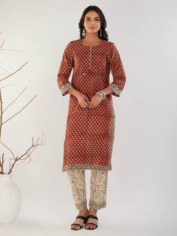 Meeta's - Red Hand Block Printed Chanderi Silk Kurta