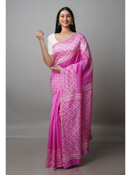 Unnati Silks - Pink Pure Block Printed Chanderi Sico Saree with Unstitched Blouse