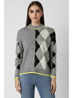 Van Heusen - Women Grey Argyle Round Neck Sweater