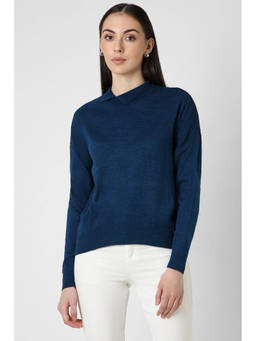 Van Heusen - Women Navy Solid Stylized Neck Sweater