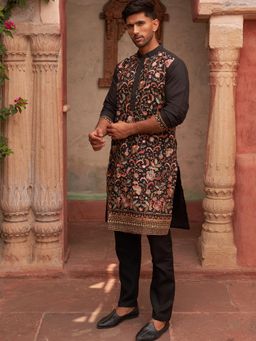 Jompers - Black Silk Blend Regular Full Sleeves Kurta with Pyjama