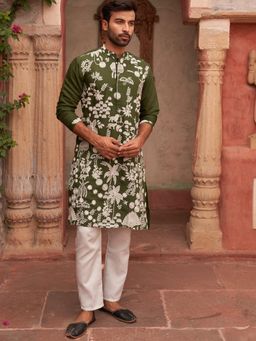 Jompers - Green Silk Blend Regular Full Sleeves Kurta With Pyjama