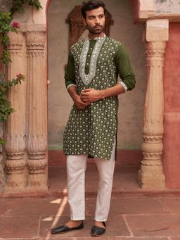 Jompers - Green Silk Blend Regular Full Sleeves Kurta With Pyjama