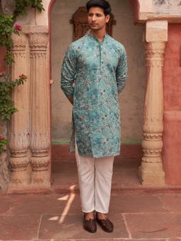 Jompers - Blue Silk Blend Regular Full Sleeves Kurta With Pyjama