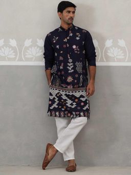 Jompers - Navy Blue Silk Blend Regular Full Sleeves Kurta With Pyjama