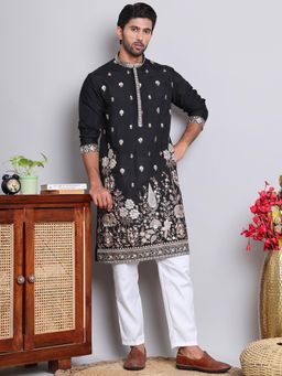 Jompers - Black Silk Blend Regular Full Sleeves Kurta With Pyjama
