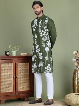 Jompers - Olive Silk Blend Regular Full Sleeves Kurta With Pyjama