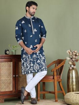Jompers - Blue Silk Blend Regular Full Sleeves Kurta With Pyjama