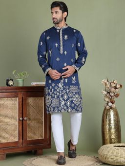 Jompers - Navy Blue Silk Blend Regular Full Sleeves Kurta With Pyjama