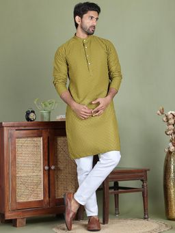 Jompers - Olive Pure Cotton Regular Full Sleeves Kurta With Pyjama