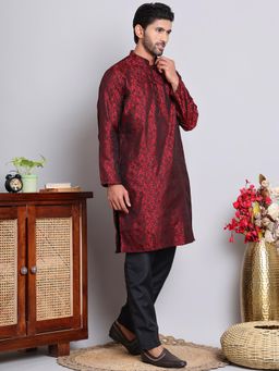 Jompers - Maroon Jacquard Regular Full Sleeves Kurta With Pyjama