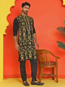 Jompers - Black Silk Blend Regular Full Sleeves Kurta With Pyjama