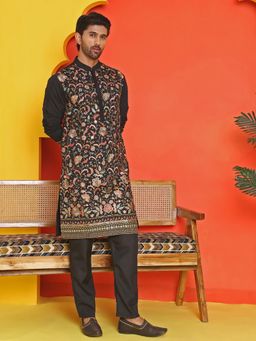 Jompers - Black Silk Blend Regular Full Sleeves Kurta With Pyjama