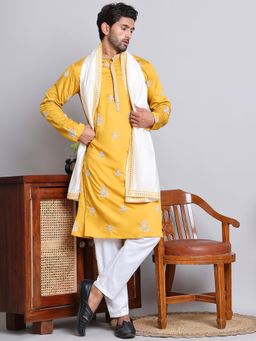 Jompers - Mustard Silk Blend Regular Full Sleeves Kurta With Pyjama & Dupatta